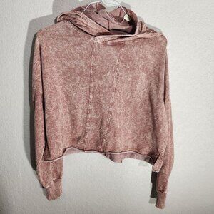 Vanilla Star Womens Acid Wash Cropped Hoodie Sweatshirt L Pink Long Sleeve Mauve